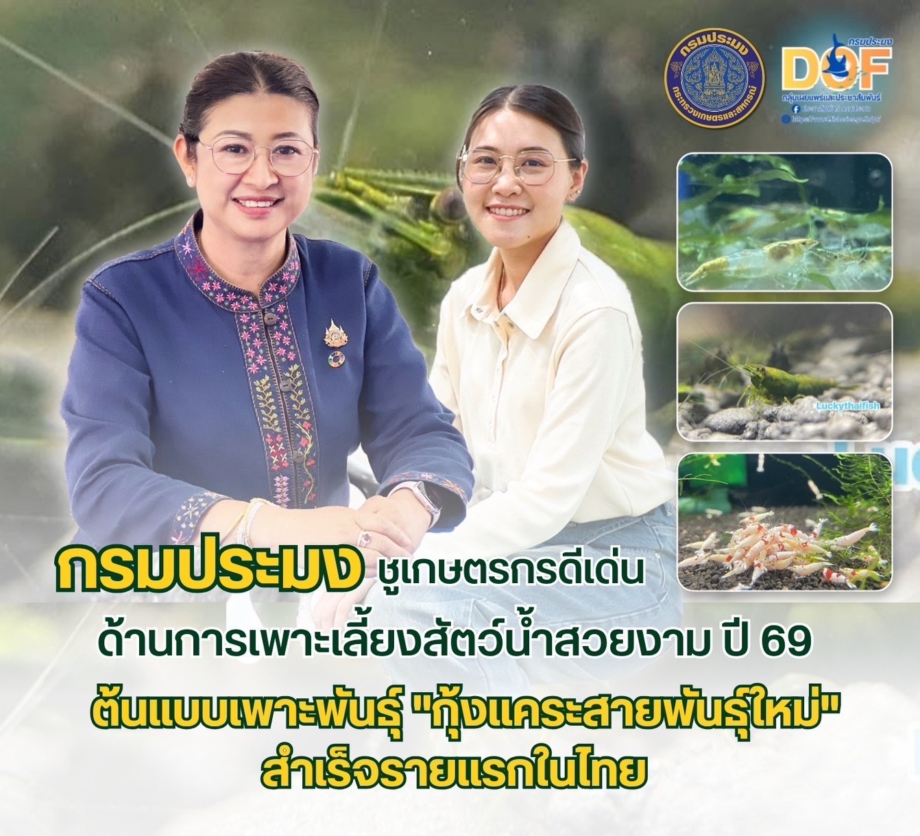 กรมประมงเชิดชูเกียรติ “ภัทรนิษฐ์ ศิระวัฒนารุจน์” เกษตรกรดีเด่นด้านการเพาะเลี้ยงสัตว์น้ำสวยงาม ปี 69 ต้นแบบเพาะพันธุ์ “กุ้งแคระสายพันธุ์ใหม่” สำเร็จรายแรกในไทย พร้อมพัฒนาฟาร์มเป็นศูนย์การเรียนรู้ ส่งเสริมการสร้างอาชีพอย่างยั่งยืน
